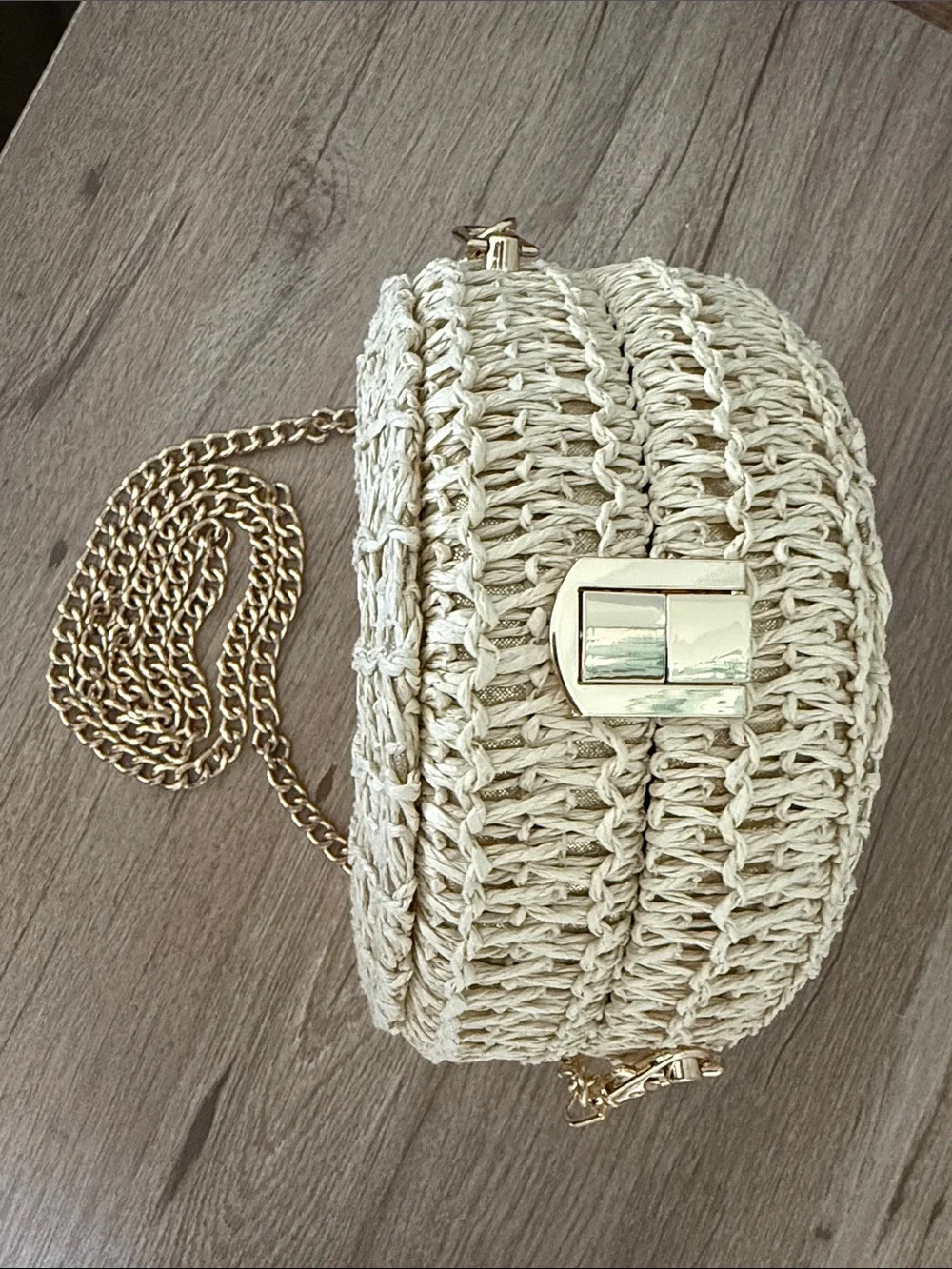 HAUTE HIPPIE Woven Round Crossbody Bag in Natural with Gold Chain & Gold Shimmer - Picture 14 of 14